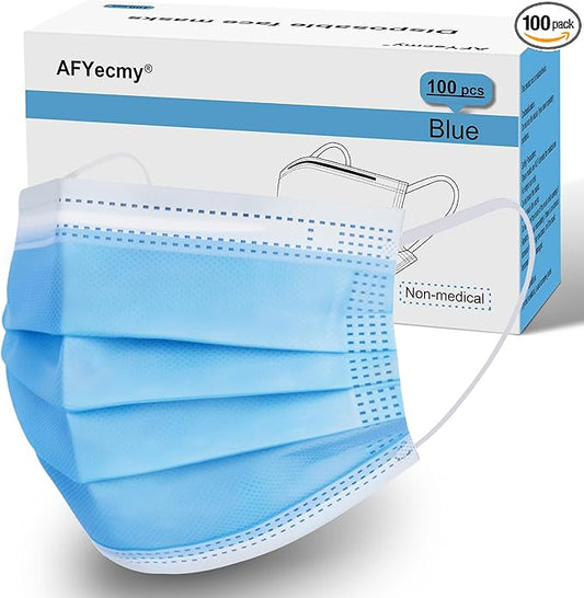 Disposable Face Masks, 3-Ply Breathable Dust Protection for Daily Use, Comfortable Elastic Earloops, Blue, 100-Pack