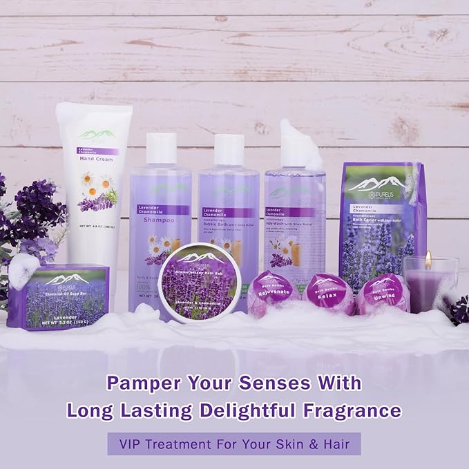 Lavender Spa Gift Basket for Birthday Gifts for Women, Beauty Basket Home Spa Basket 20 pc Set Includes Body Lotion, Bath Bombs & More! Spa Gifts for Her