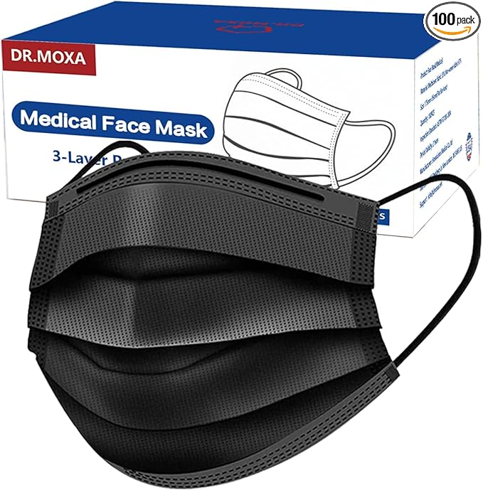 100 Pack Medical Grade Black Disposable Face Masks-Protective 3 Ply Face Mask for Adults, Comfortable,Soft, Breathable