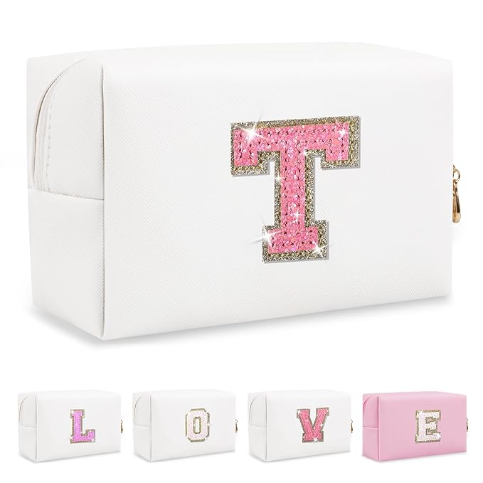 Small Initial Patch Makeup Bag Personalized Gifts Make Up Bag,White Cute PU Leather Glitter Letter Cosmetic Bag with Zipper,Trendy Portable Travel Toiletry Pouch,Preppy Stuff for Teen Girls Women T