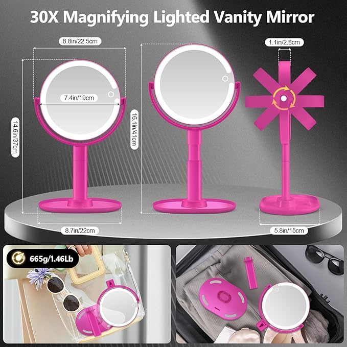 MIYADIVA Makeup Mirror with Lights, 30X Magnifying Mirror with Light and Touch Switch, Vanity Mirror with 3 Color Light and 80 LEDs, Height Adjustable Desk Mirror with Lights, Hot Pink
