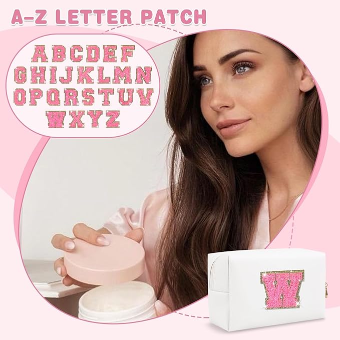 Small Personalized Initial A-Z Patch Makeup Bag,White Cute PU Leather Glitter Letter Cosmetic Bag for Teen Girls,Travel Toiletry Bag with Zipper,Preppy Monogrammed Birthday Gift for Daughter Niece W