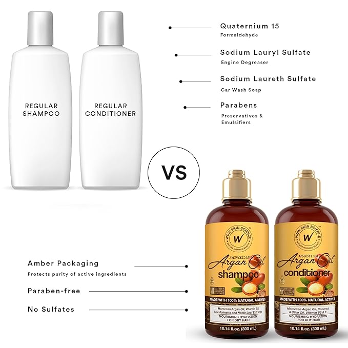 WOW Skin Science Moroccan Argan Oil Shampoo and Conditioner Set - Moroccan Oil Shampoo & Conditioner Set Sulfate & Paraben Free - Shampoo & Conditioner Set for All Hair Types