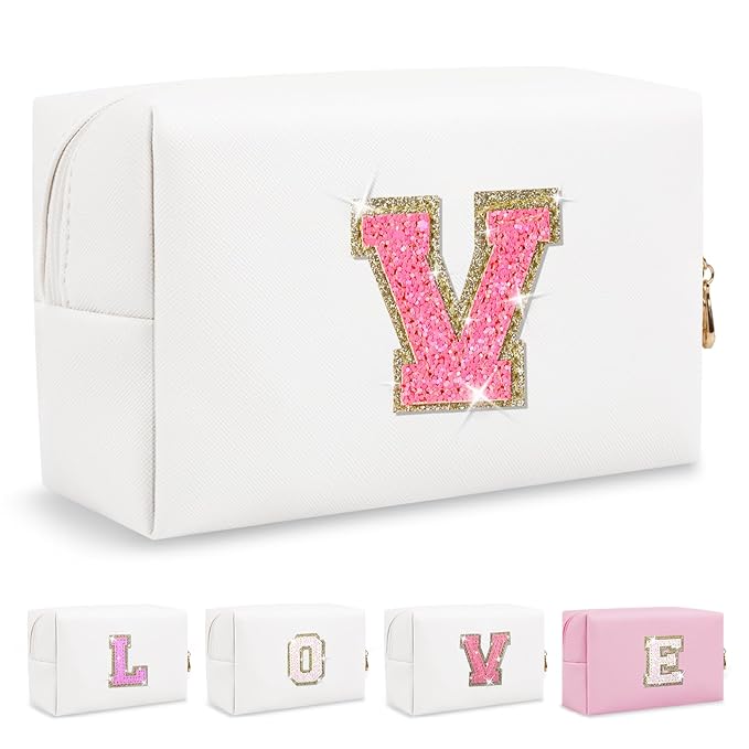 Small Personalized Initial A-Z Patch Makeup Bag,White Cute PU Leather Glitter Letter Cosmetic Bag for Teen Girls,Travel Toiletry Bag with Zipper,Preppy Monogrammed Birthday Gift for Daughter Niece V