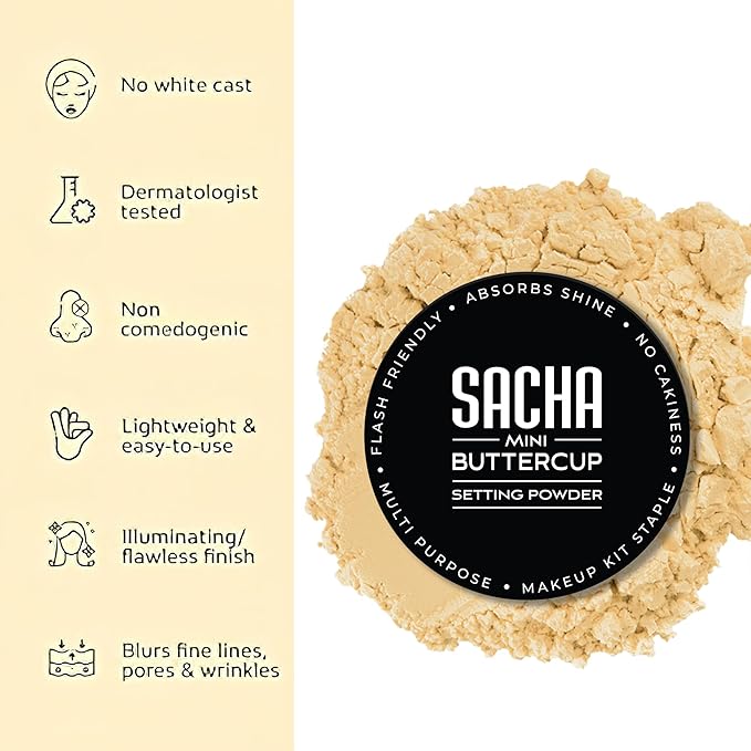 Sacha BUTTERCUP Mini Setting Powder. No Ashy Flashback. Blurs Fine Lines and Pores. Loose, Translucent Face Powder to Set Makeup Foundation or Concealer. For Medium to Dark Skin Tones, 0.35 oz.
