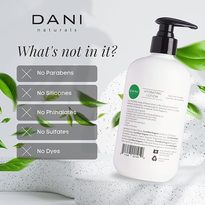 DANI Naturals Hand & Body Lotion - Clean Bamboo Bergamot Scented, Deep Hydration Lotion for Dry Skin, With Shea Butter & Aloe Vera, Natural & Organic Ingredients, Paraben-Free, 12 Oz