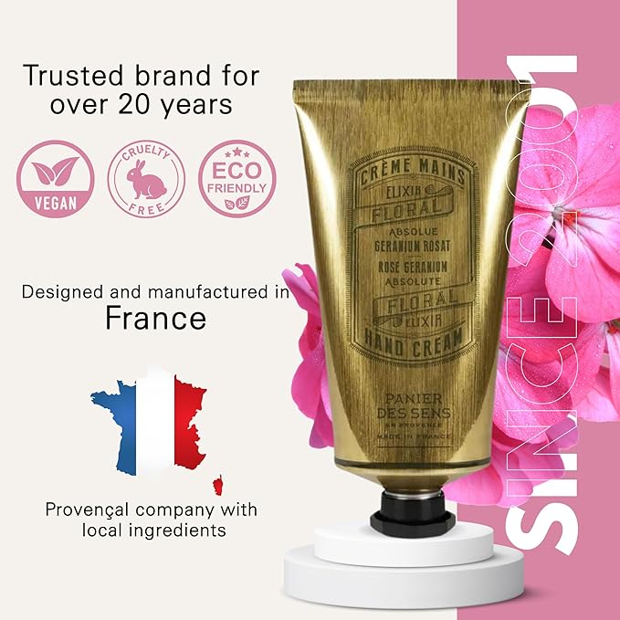 Panier des Sens - Hand Cream for Dry Cracked Hands - Rose Geranium Hand Lotion with Olive & Almond Oil - Vitamin E Skin Moisturizer with 97% Natural Ingredients - Made in France, 2.5 fl oz