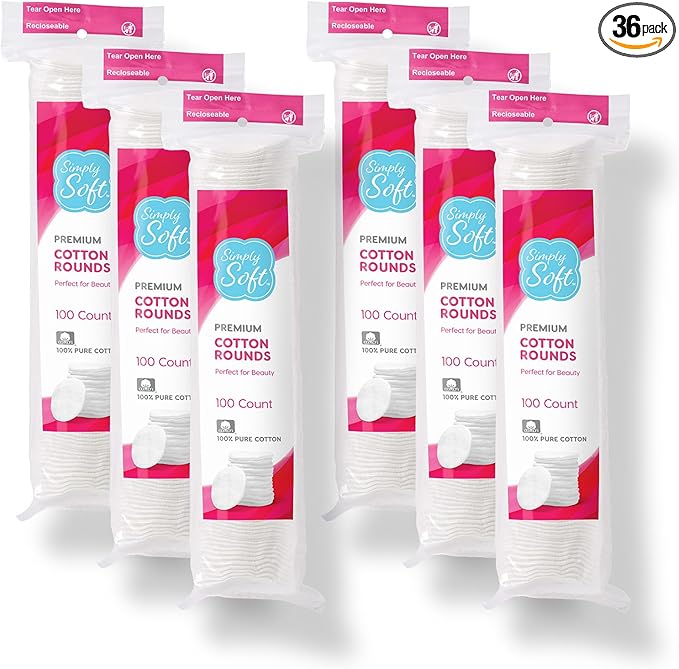 Simply Soft Premium Cotton Rounds, 100% Pure Cotton, Absorbent Cotton Pads, 100 Count (Pack of 36)