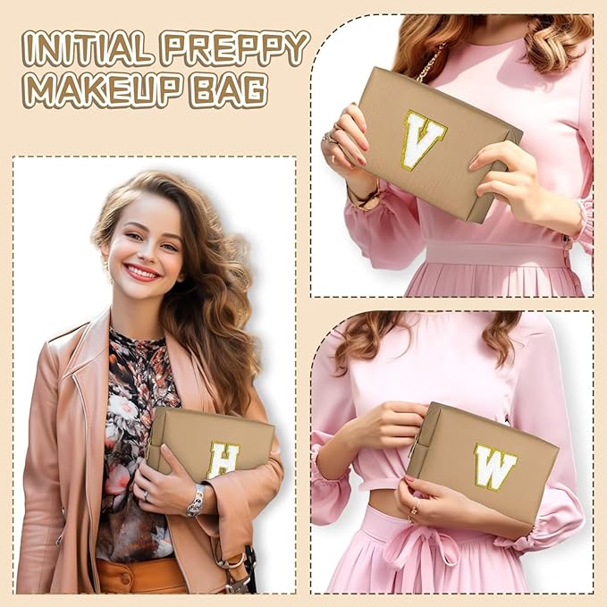 TOPEAST Initial Makeup Bags for Women, Personalized Portable Cosmetic Bag for Travel, Cute Makeup Pouch, PU Leather Waterproof Toiletry Bag, Preppy Things for Girl (Khaki V)