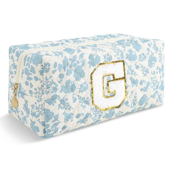 Personalized Quilted Cosmetic Bag, Puffy Monogrammed Christmas Birthday Gifts for Women & Girls, Cute initial Floral Makeup Bag Puffer Coquette Bag, Aesthetic Travel Toiletry Zipper Pouch(Blue,G)