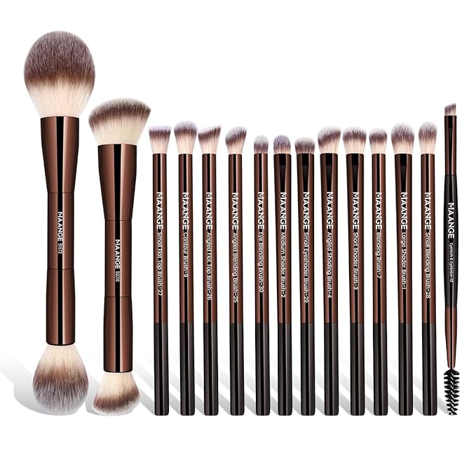 MAANGE 15 PCS Makeup Brushes Double-ended Makeup Brush Set Double Sided Angled/Round Top Brush Foundation Contour Blending Eyebrow Eyeshadow Concealer (Coffee)