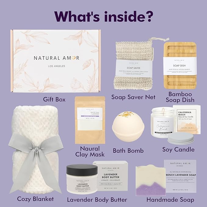 Natural Amor 8-Piece Spa Gift Set with Blanket – Self-Care Box with Lavender Body Butter, Soap, Candle – Blanket with Grey Ribbon Gift for Women, Birthday, Holiday