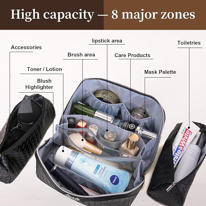 BOYATU Travel Makeup Bags for Women: 3 Pcs Large Make up Bags Set - Vegan Leather Cosmetic Bag for Traveling - Waterproof Toiletry Organizer (L03 Black)