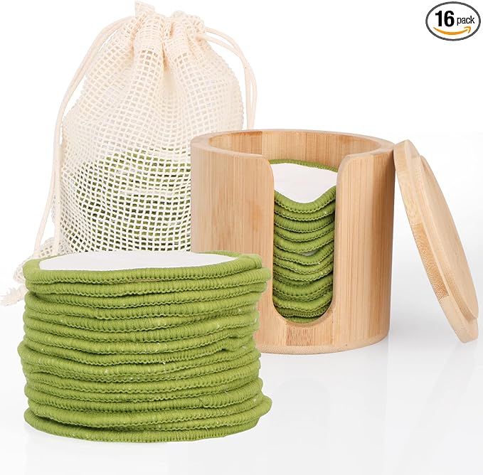 UNIMEIX 16 Pack Reusable Makeup Remover Pads Bamboo Reusable Cotton Rounds Organic Cotton Pads for Face Facial Cleansing Wipes with Washable Laundry Bag and Bamboo Holder