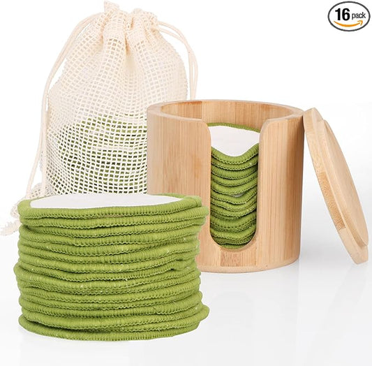 UNIMEIX 16 Pack Reusable Makeup Remover Pads Bamboo Reusable Cotton Rounds Organic Cotton Pads for Face Facial Cleansing Wipes with Washable Laundry Bag and Bamboo Holder