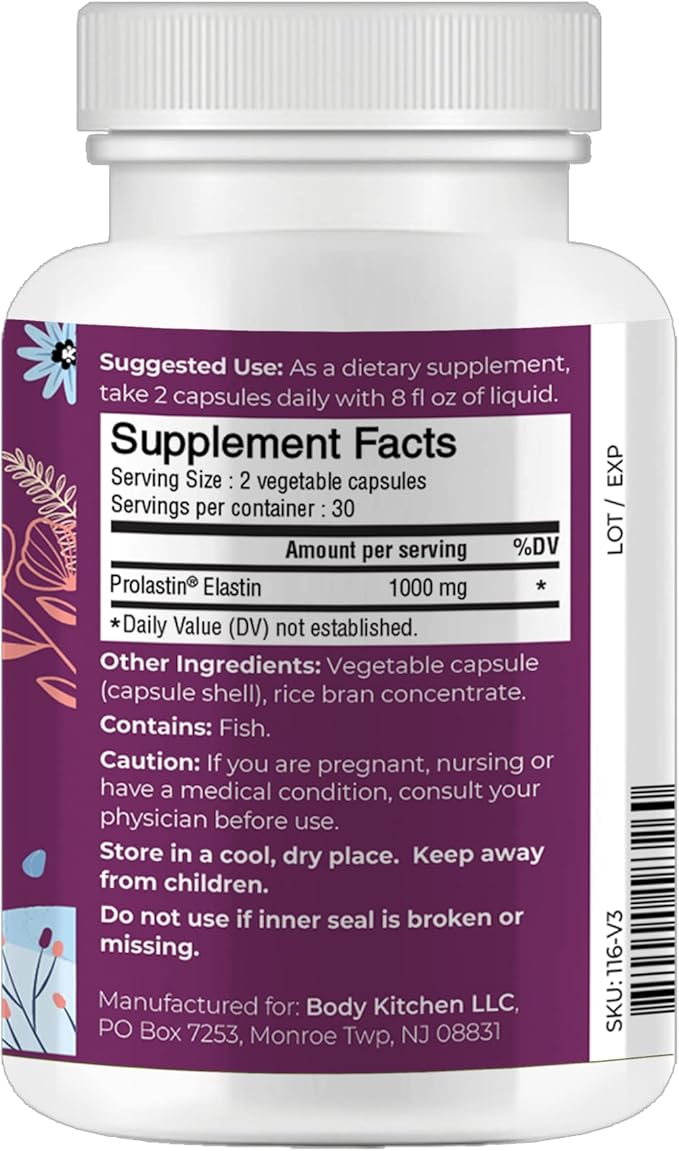 Body Kitchen Pro-Elastin, 1000 mg Elastin Supplement, Help Reduce Signs of Aging, Improved Skin Health, Firmness & Elasticity, Fewer Wrinkles, Veggie Caps, (Pack of 1)