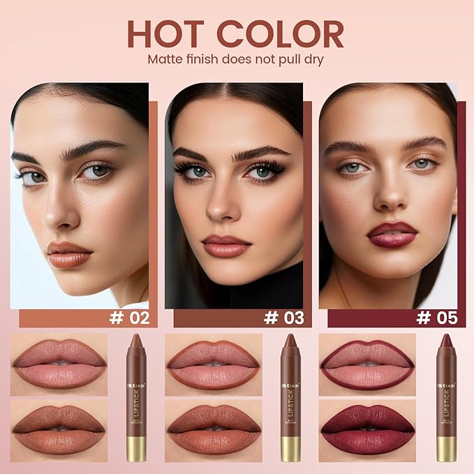 Noerrors 3Pcs Dusty Antique Rose Lip Liner and Lipstick Set Kit for Women Nude Brown Mauve Matte Fall Lipstick Shades Set Lip Stain Long Lasting Lipstick 24 hour Waterproof and Lip Liners Pencil Set
