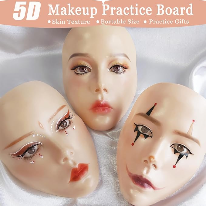 Silicone Makeup Practice Board - Full Face Mannequin with Makeup Kit, Face Gems, Brushes - Perfect for Beginners & Professionals