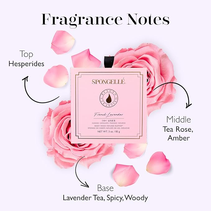 Spongelle French Lavender Wild Flower Buffer Body Scrubber with Box | Bath & Shower Loofah for Women | Exfoliator with Body Wash Infused | 14+ uses