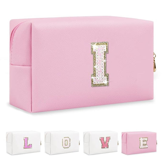 Small Personalized Initial A-Z Patch Makeup Bag,Pink Cute PU Leather Glitter Letter Cosmetic Bag for Teen Girls,Travel Toiletry Bag with Zipper,Preppy Monogrammed Birthday Gift for Daughter Niece I