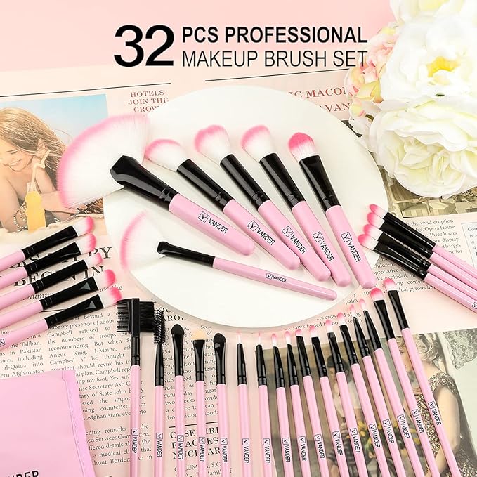 Makeup Brushes, VANDER 32pcs Makeup Brush Set Professional Soft Synthetic Foundation powder concealer blending Make up Brushes, eye shadow blush face brush set, Pink