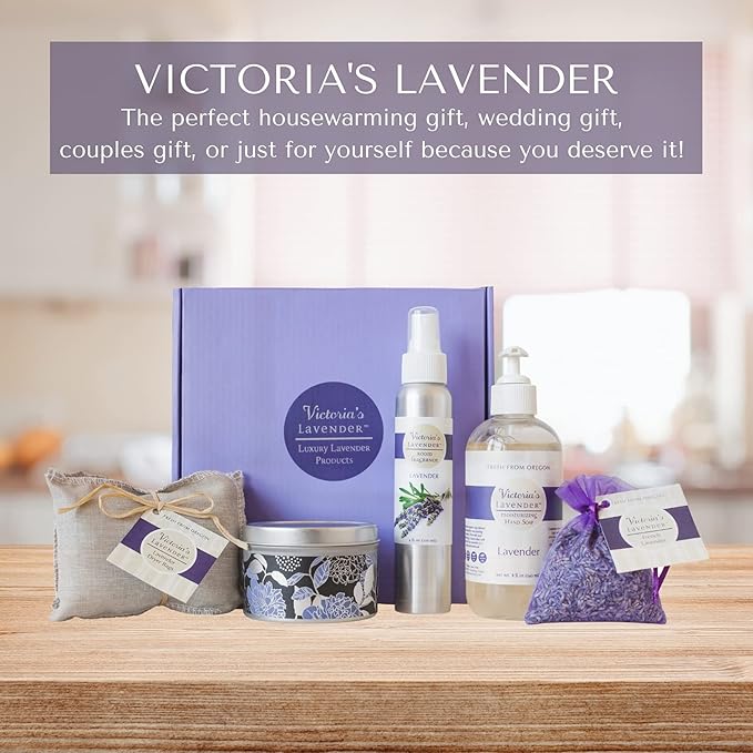 Victoria's Lavender Home Essential Products Set - Made in the USA Collection, Includes Soy Candle, Room Spray, Hand Soap, Organza Sachets, Dryer Bags, Ideal Gift Set for Home Buyers - Lavender (5 Pcs)
