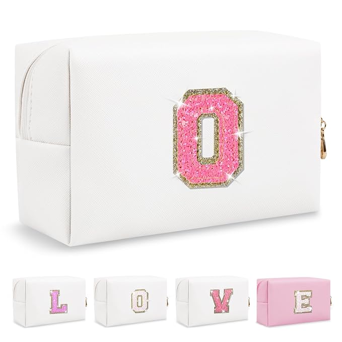 Small Personalized Initial A-Z Patch Makeup Bag,White Cute PU Leather Glitter Letter Cosmetic Bag for Teen Girls,Travel Toiletry Bag with Zipper,Preppy Monogrammed Birthday Gift for Daughter Niece O