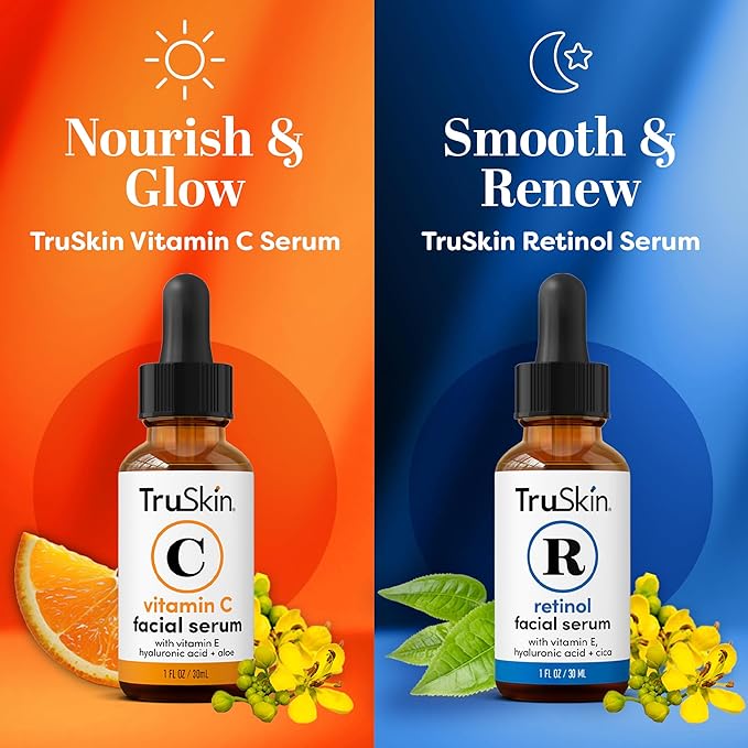 TruSkin Face Serum Duo – Vitamin C & Retinol Serum for Face – Anti-Aging Skin Care Gift Set for Women – Helps Improve Appearance of Fine Lines & Wrinkles for Smoother Looking Skin, 1 Fl Oz, 2 Bottles