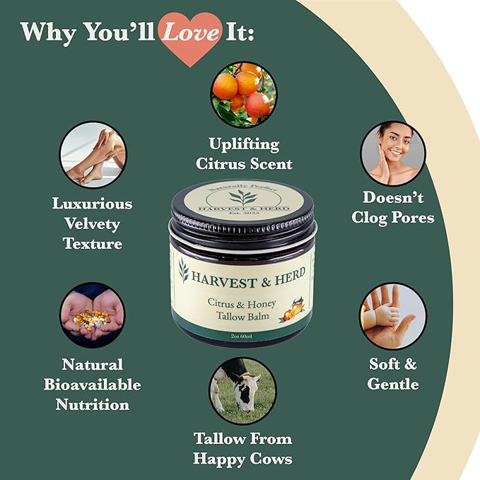Harvest & Herd Citrus & Honey Tallow Balm - Organic Skin Nutrition with Olive Oil, Manuka Honey, Beeswax, Royal Jelly and Signature Essential Oil Blend (2oz 60ml)