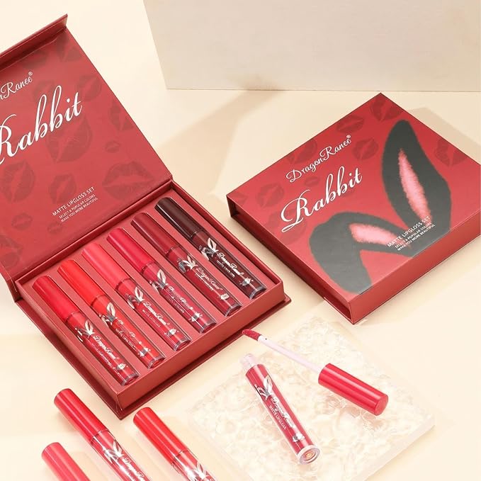 6 Pcs Matte Liquid Lipstick Set Red Lip Gloss with Long-Lasting and Waterproof Lipsticks for Women Lip Makeup Gift (Red Rabbit, 6 Pcs)