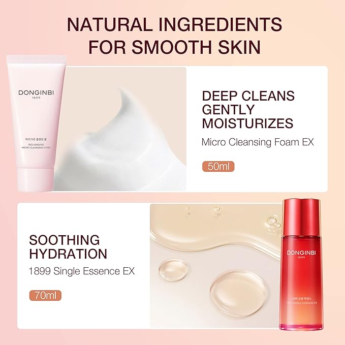 Donginbi Red Ginseng Essential Skin Care Set - Firming Moisturizer(1.69 floz), Hydrating Toner(2.37 floz), Korean Red Ginseng Essence(2.37 floz), Pore Cleaner(1.69 floz), Korean Skin Care