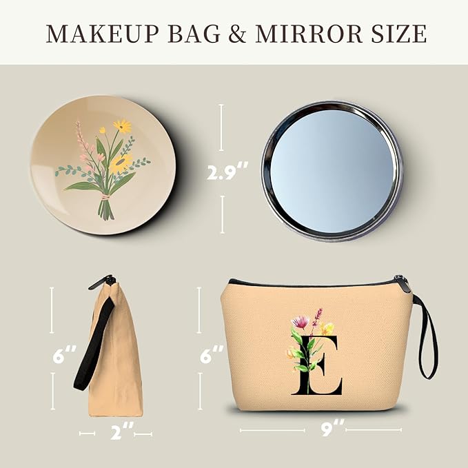 Women Birthday Unique Bride to be Bridal Shower Initial Gifts for Mom Sister Friend Her Teacher Aunt Makeup Cosmetic Bag with Mirror Mothers Day Christmas Graduation E