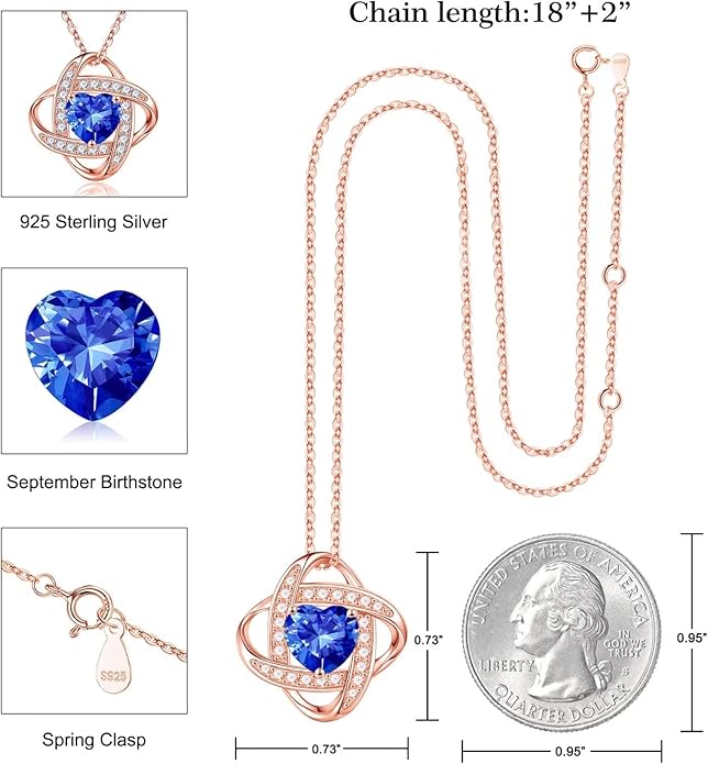 Iefil 925 Sterling Silver Love Knot Birthstone Necklace, Natural or Created Gemstone, Anniversary Birthday Gifts for Women, Jewelry Gifts for Wife Mom Girlfriend