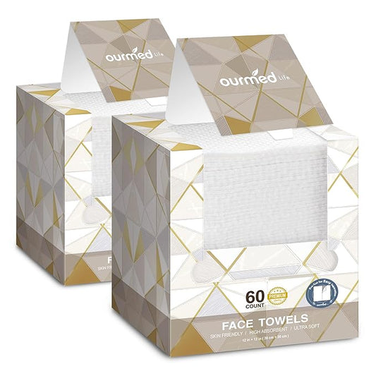 Ourmed Life Face Towels, 12"×12" Tear-Off Disposable Biodegradable Facial Towels for Sensitive Skin, Lint- free Face Wipes for Washing Face, Skincare and Makeup Removal, Dry Wipes, (120 Ct, 2 Pack)