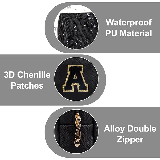 Personalized Initial A-Z Preppy Patch Makeup Bag,Small PU Chenille Letter Cosmetic Bag with Zipper for Teen Girls,Black Cute Toiletry Organizer Bag,Monogram Makeup Case Gift for Women Girls,Letter A
