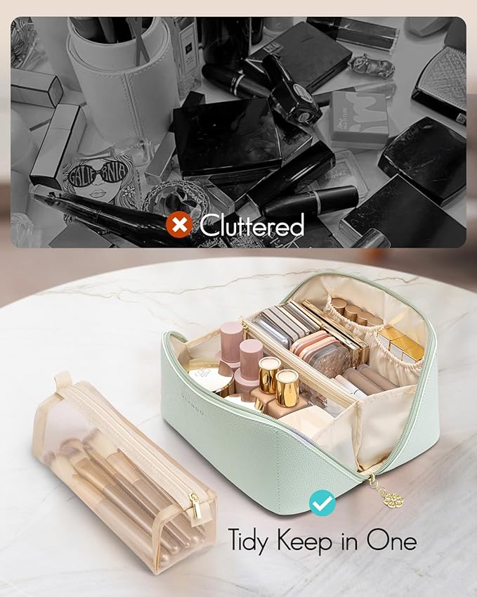 Vlando Makeup Bag,Large Capacity Toiletry Bag for Women Waterproof Portable Make up Pouch PU Leather Open Flat Cosmetic Bag(Mint Green)