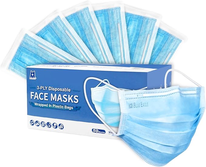 3-PLY BlueEagle Individually Wrapped Disposable Adult Face Masks | Fit for Large Face | with Soft Comfortable Inner Layer | For Men and Women | Blue Color - 50 Pcs (Sky Blue)