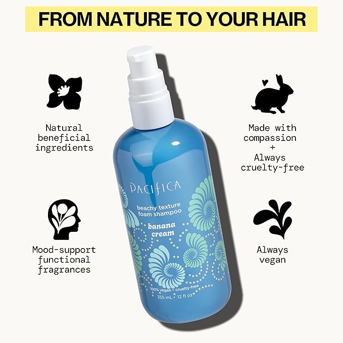 Pacifica Banana Cream Beachy Texture Foam Shampoo – Texturizing Foaming Shampoo for Beachy Waves, Adds Volume & Tousled Look, Sulfate-Free Deep Clean Beauty Vegan & Cruelty-Free Dermatologist Tested