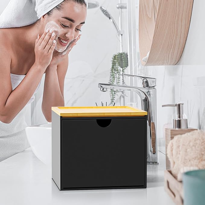 VITVITI Drawer Disposable Face Towel Holder Box, Acrylic Facial Towel Container for XL Clean Skin Club, Large Disposable Face Towels Storage with Bamboo Lid, for Bathroom, Vanity Makeup, Black