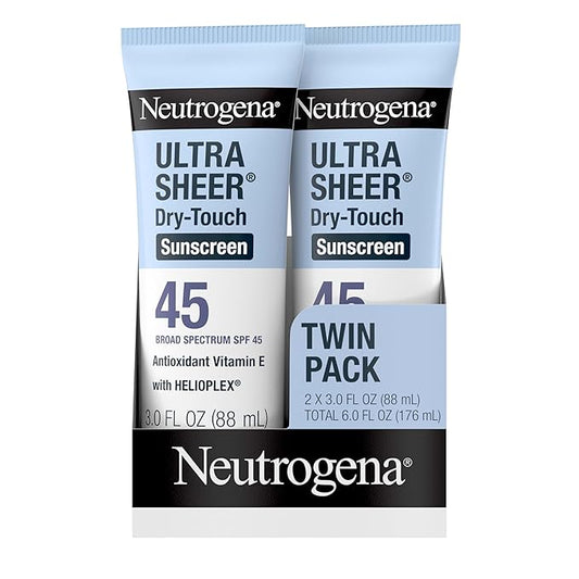 Neutrogena Ultra Sheer Dry-Touch Sunscreen For Face & Body, SPF 45 Broad Spectrum UVA/UVB Protection, Lightweight Water Resistant & Non-Greasy, Travel Size Sunscreen, 3 fl. oz 2 pack