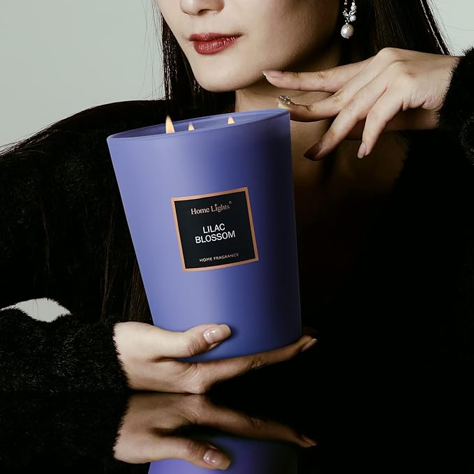 HomeLights Highly Scented Soy Candles Big 33.3 oz for Home. 3 Cotton Wicks, Smokeless Long Lasting 130 hrs in Lilac Blossom. 5x6, Great Gift for Women & Men