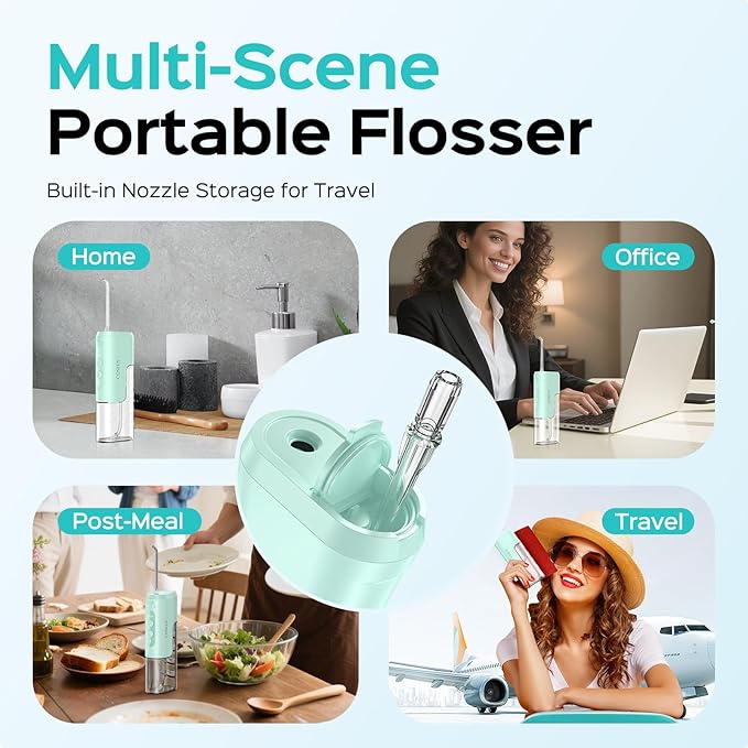 COSLUS Mini Water Flosser for Travel: Portable Lightweight Design Cordless Oral Irrigator with Removable Tank & 4 Modes, IPX7 Waterproof for Braces, Sensitive Teeth Travelers & Family Use, Green, T40