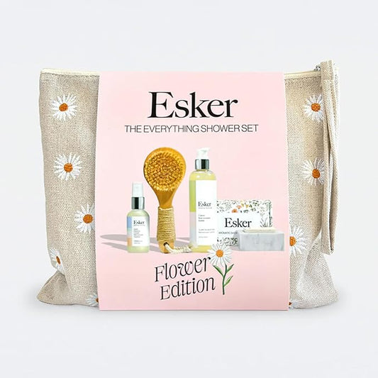 ESKER Everything Shower Gift Set Comes with our Dry Brush 2oz Firming Body Oil a Full Sized Clarifying Wash and our Aromatic Shower Steamer all Packaged in a Beautiful Floral Linen Pouch