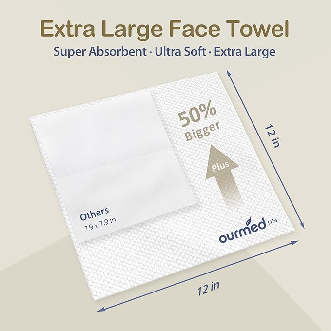 Ourmed Life Face Towels, 12"×12" Tear-Off Disposable Biodegradable Facial Towels for Sensitive Skin, Lint- free Face Wipes for Washing Face, Skincare and Makeup Removal, Dry Wipes, (120 Ct, 2 Pack)