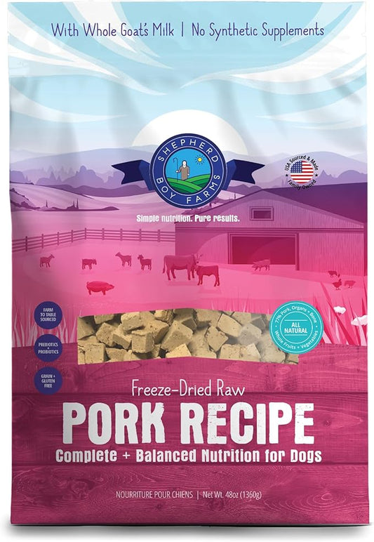 Freeze Dried Raw Dog Food, Pork Recipe, All Natural, No Synthetics, Made in USA with Goat's Milk & Organic Produce, High Protein, Complete Meal (48oz)