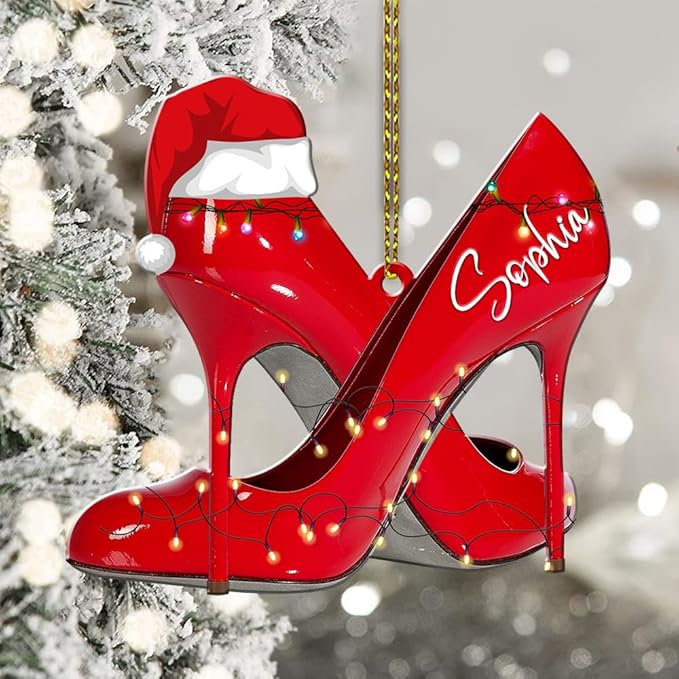 Personalized Name Red Shoes Christmas Shape Flat Ornament, Red High Heel Shoe Xmas Ornament, Shoe Lover Hanging Tree Keepsake, 95
