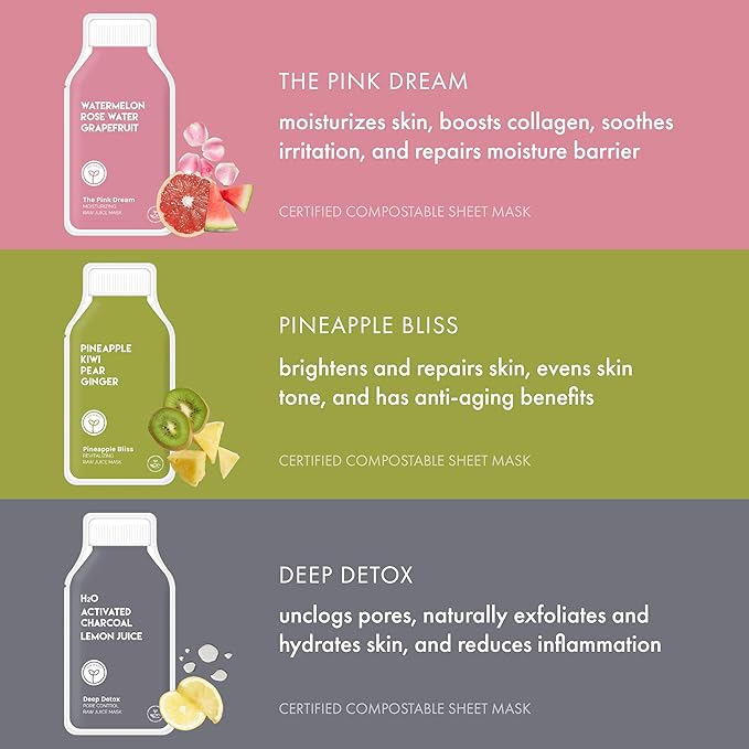 ESW Beauty Vitamin C Glow Set – Antioxidant-Rich Face Masks with Kiwi, Grapefruit & Lemon – Includes Pink Dream, Pineapple Bliss & Deep Detox – Vegan, Clean Beauty for Radiant Skin