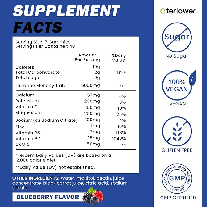 Creatine Monohydrate Gummies for Men & Women, 5g Flavored Creatine Gummy with Electrolytes for Muscle Strength, Muscle Builder, Energy Booster, Pre Workout Supplement, Sugar-Free & Vegan, 120 Count