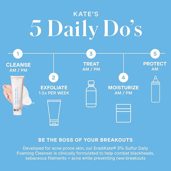 Kate Somerville EradiKate 3% Sulfur Daily Foaming Cleanser Acne Treatment – Clinically Formulated Medicated Face Wash Balances Skin & Cleans Pores, 4 Fl Oz