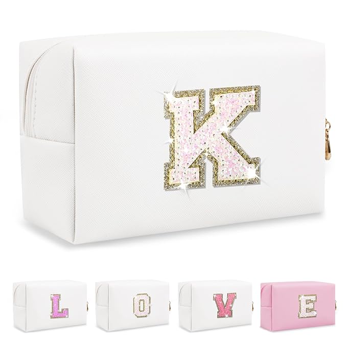 Small Initial Patch Makeup Bag Personalized Gifts Make Up Bag,White Cute PU Leather Glitter Letter Cosmetic Bag with Zipper,Trendy Portable Travel Toiletry Pouch,Preppy Stuff for Teen Girls Women K